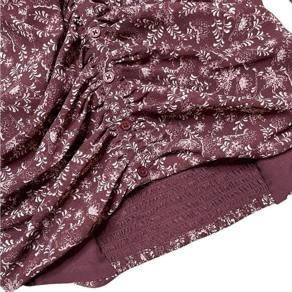 BOHME Floral Ruched Front Blouse Maroon Cream Size Small - Picture 3 of 6